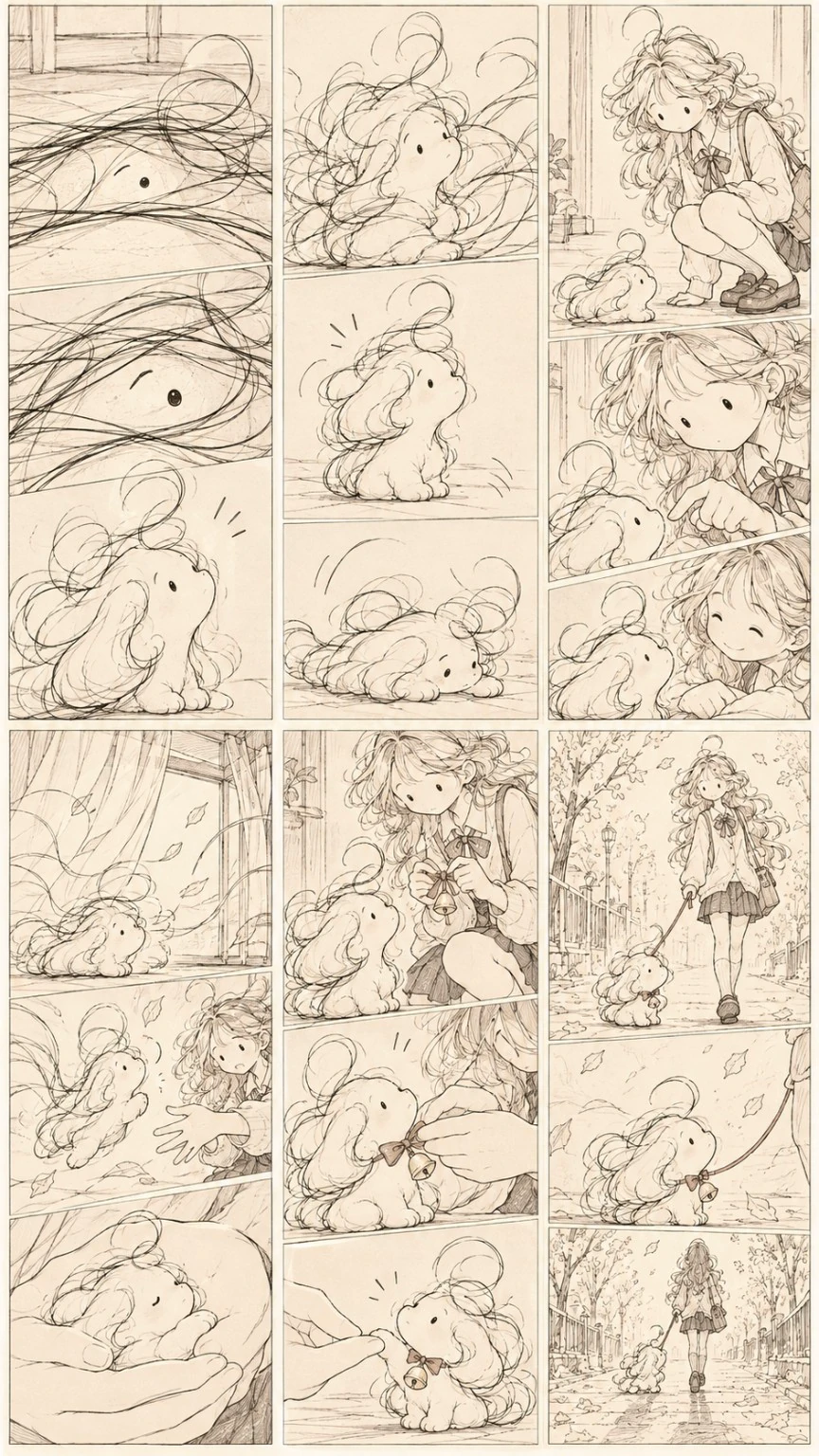 머리카락에서 깨어난 헤뭉이가 한 소녀와 만나고 방울 목걸이를 선물받는 장면으로 이어진 웹툰 원화