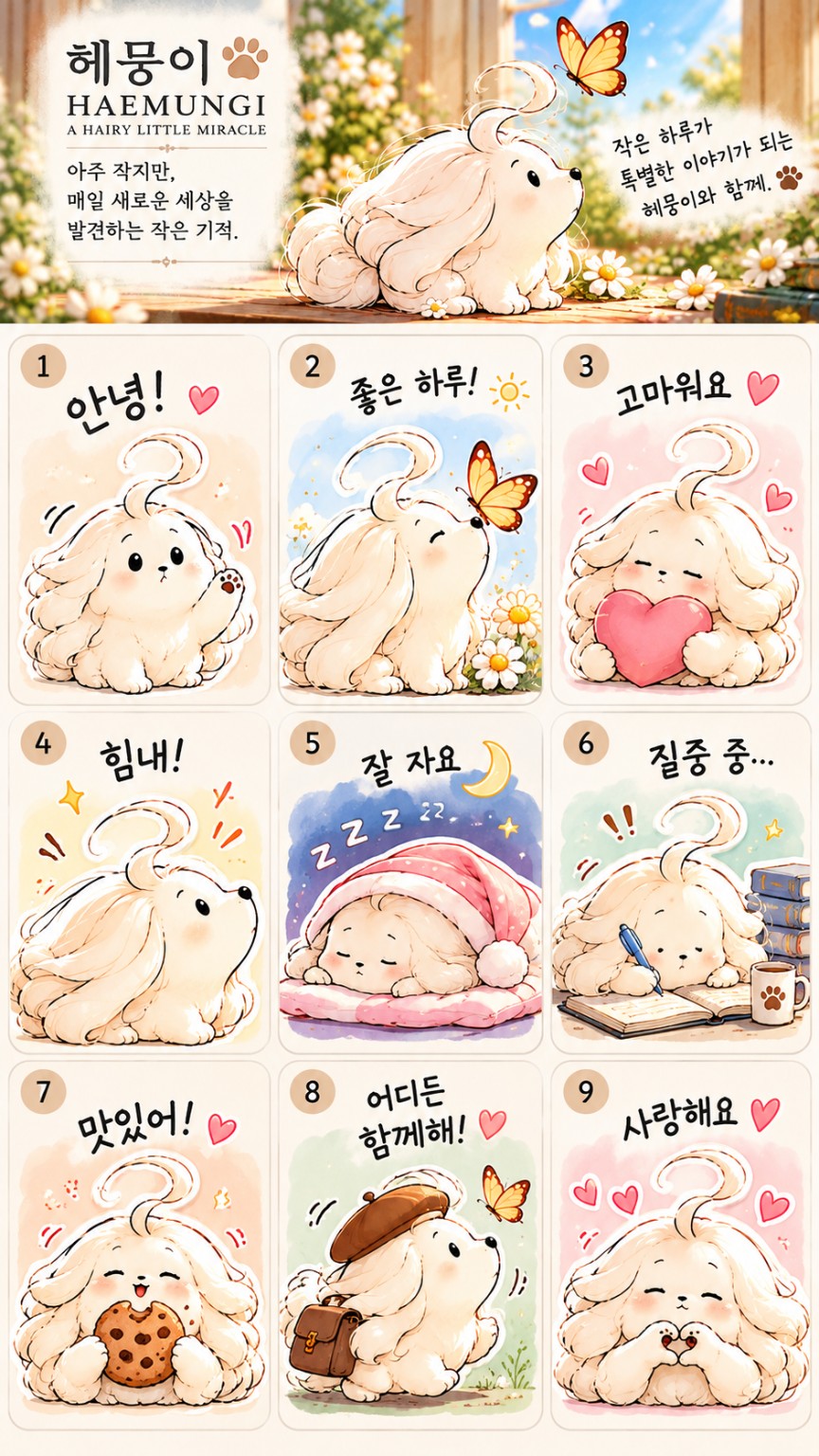 헤뭉이가 인사하고 응원하고 사랑을 표현하는 9컷 이모티콘 카드