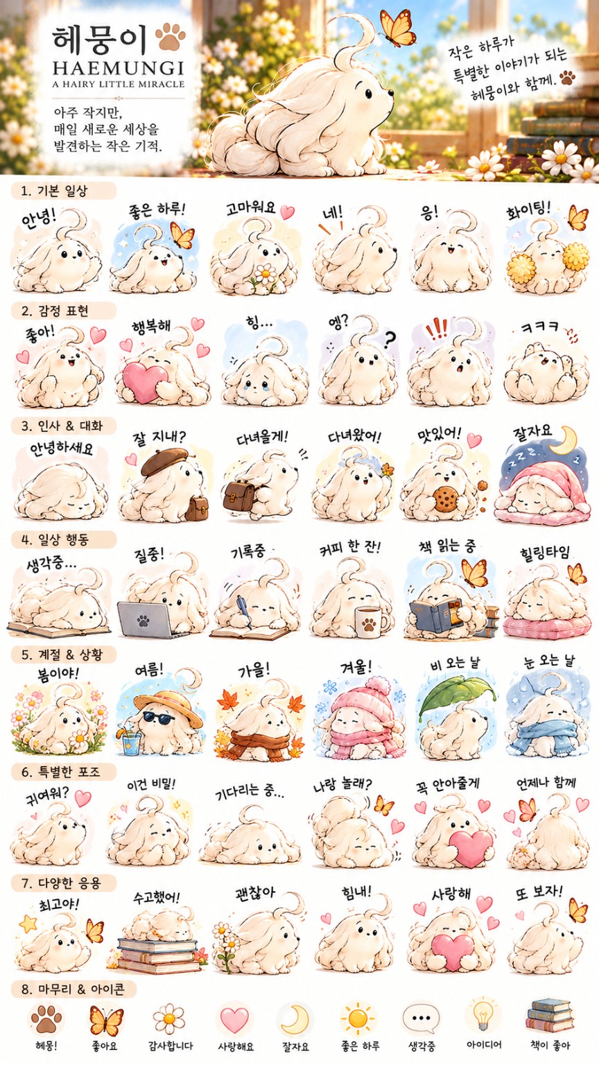 헤뭉이의 인사, 감정, 행동, 계절, 포즈, 아이콘이 정리된 대형 이모티콘 시트
