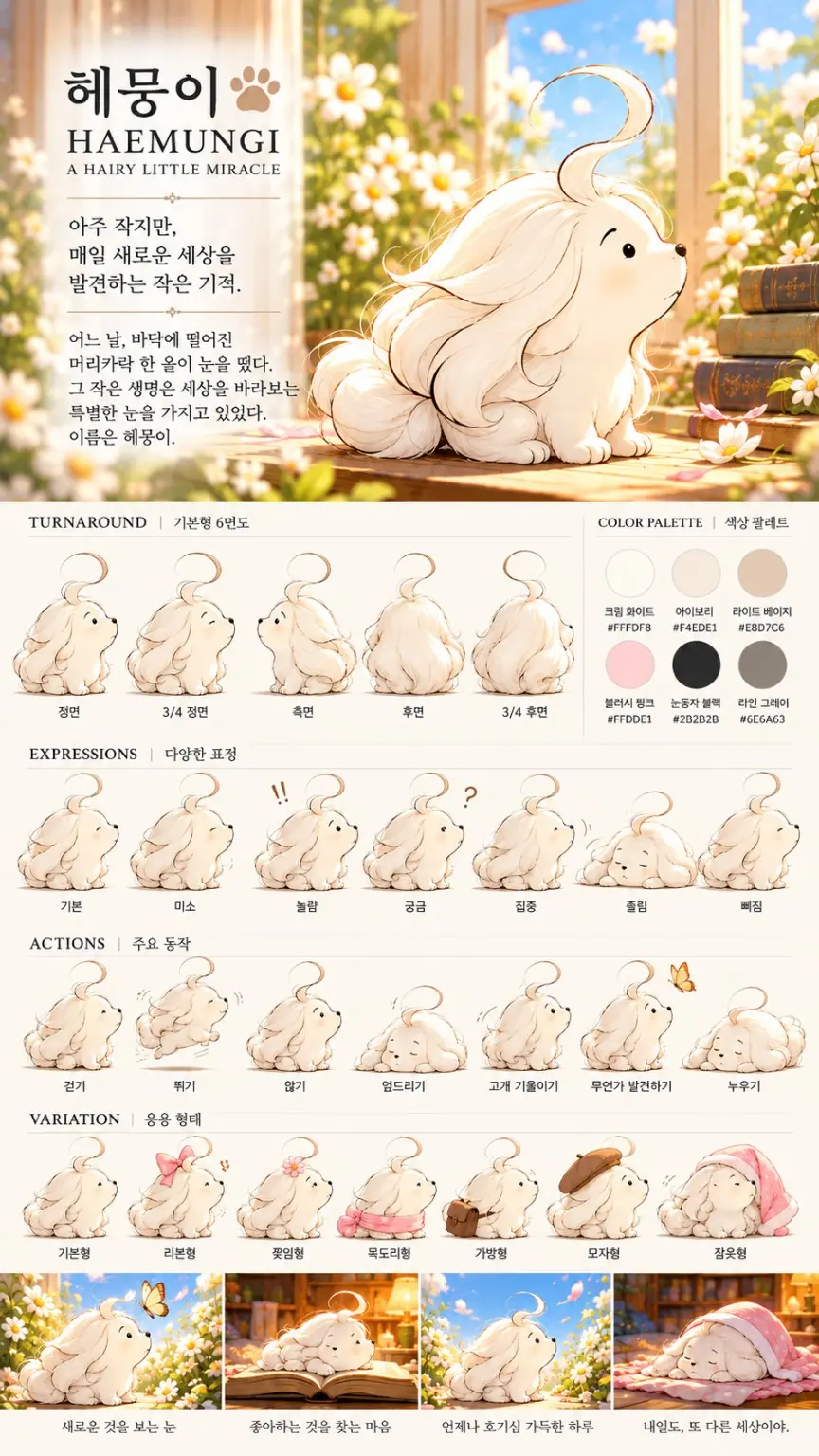 리뉴얼된 헤뭉이 공식 캐릭터 설정화. 머리 위에 한 가닥 솟은 둥근 머리카락과 새하얀 몸, 작은 점눈, 정면·측면·후면과 다양한 표정 및 동작이 표현되어 있습니다.