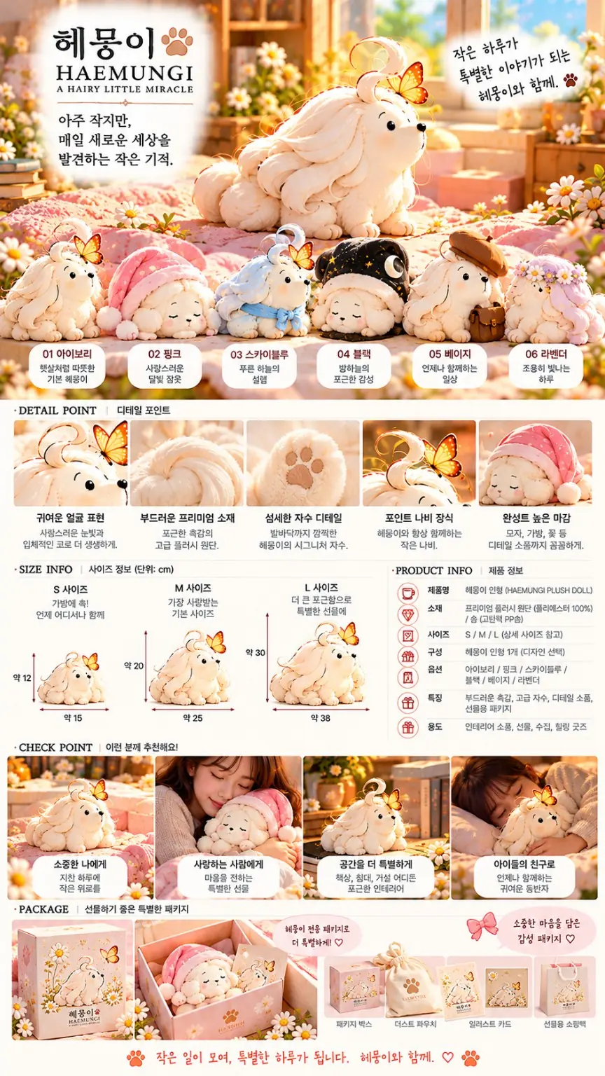 헤뭉이 인형 여섯 가지 스타일과 얼굴·소재·패키지 상세 시안