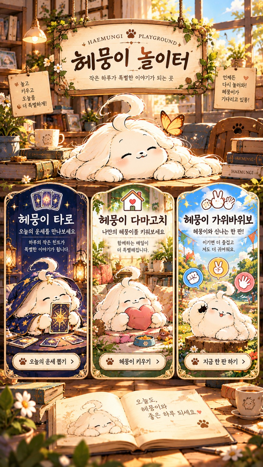햇살과 꽃이 가득한 헤뭉이 놀이터. 타로, 다마고치, 가위바위보 세 가지 놀이가 그려져 있습니다.