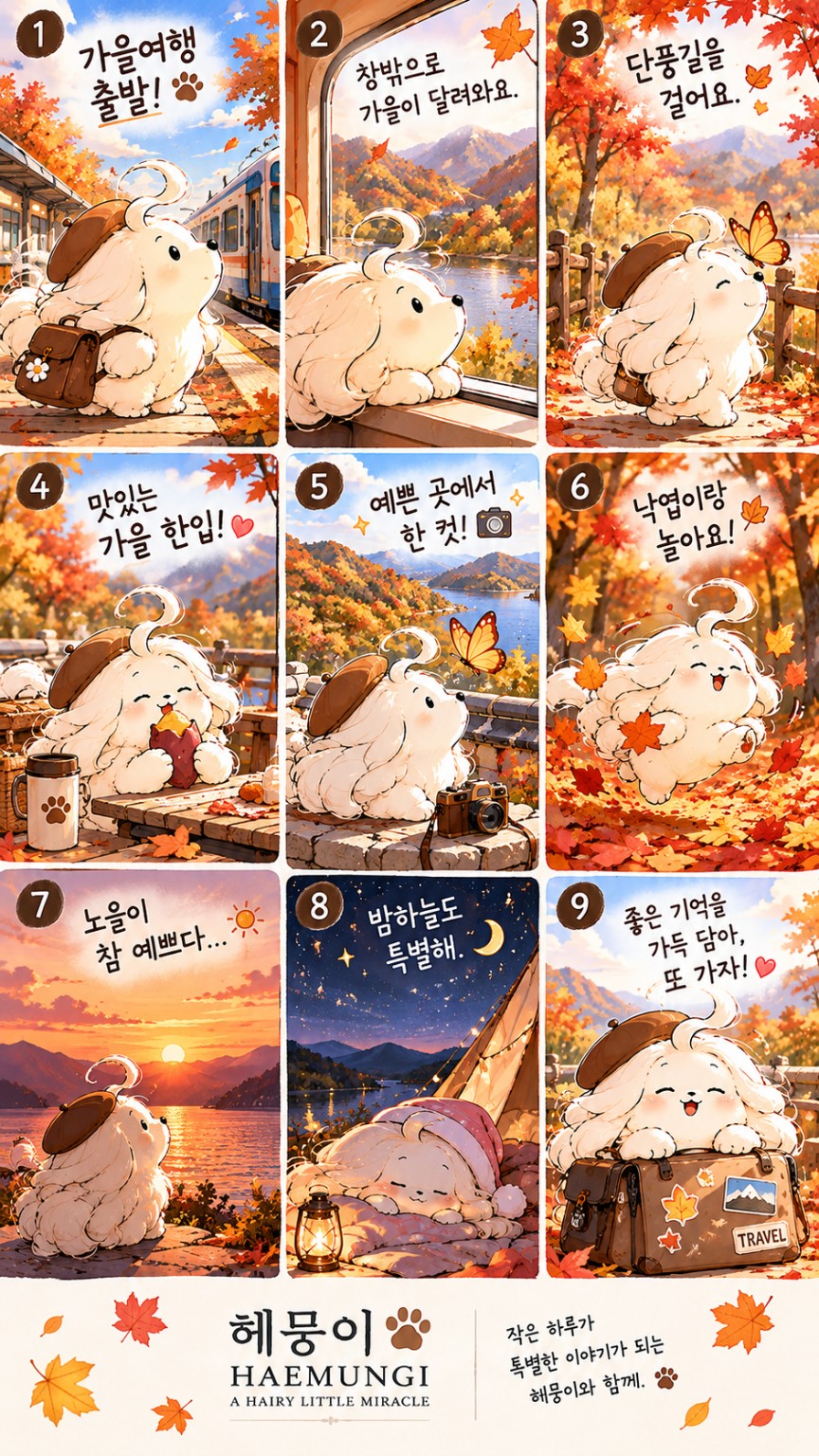 헤뭉이가 기차 여행, 단풍길 산책, 노을, 밤하늘을 즐기는 9컷 가을여행 카드