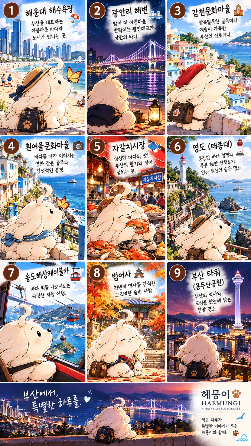 해운대, 광안리, 감천문화마을, 흰여울문화마을, 자갈치시장, 영도, 송도해상케이블카, 범어사, 부산타워를 담은 9컷 부산여행 카드