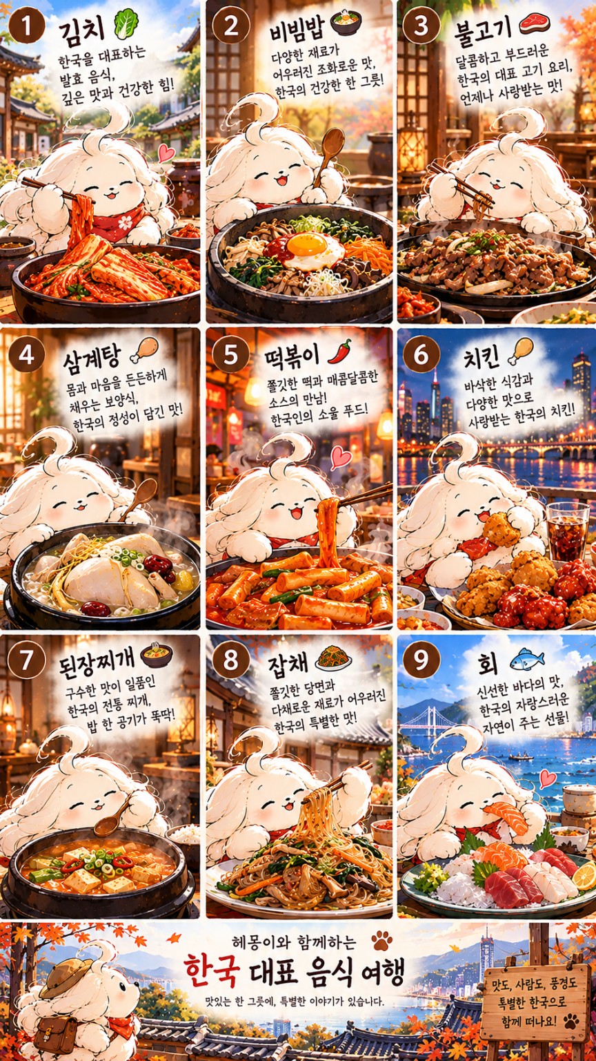 김치, 비빔밥, 불고기, 삼계탕, 떡볶이, 치킨, 된장찌개, 잡채, 회를 소개하는 9컷 음식 카드