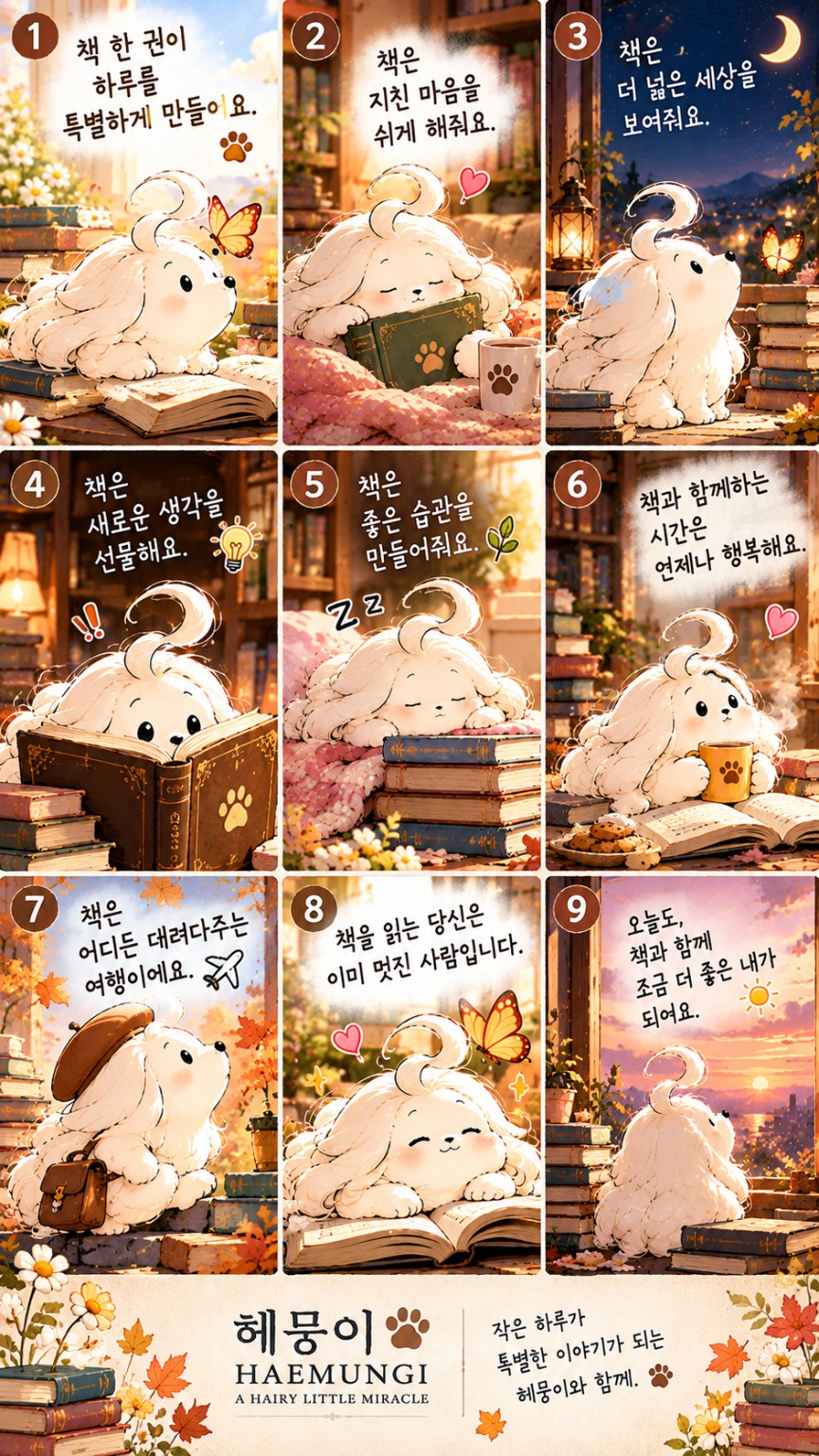 헤뭉이가 책을 읽고 쉬고 생각하며 하루를 보내는 9컷 독서 카드