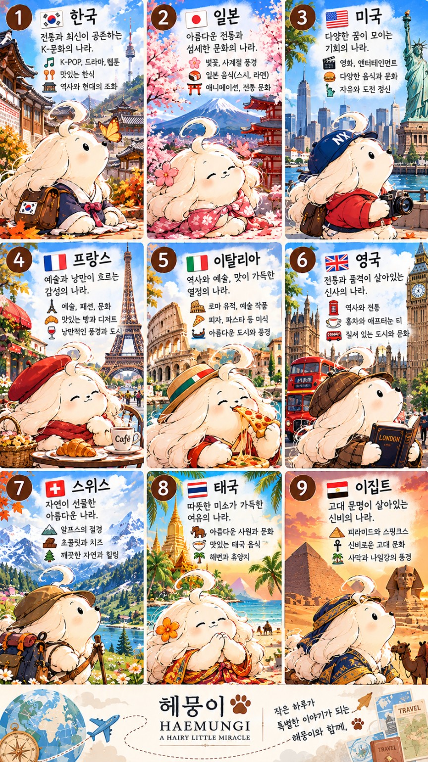 한국, 일본, 미국, 프랑스, 이탈리아, 영국, 스위스, 태국, 이집트를 소개하는 9컷 세계여행 카드